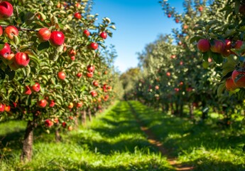 Apple orchard in autumn green grass, beautiful scenery, green nature