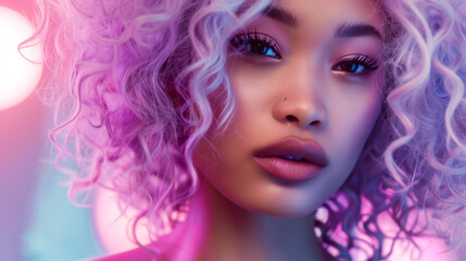 Fototapeta premium Portrait of Asian Woman with Lilac (Lavender) Curly Hair 