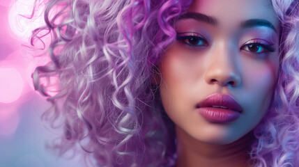 Fototapeta premium Portrait of Asian Woman with Lilac (Lavender) Curly Hair 