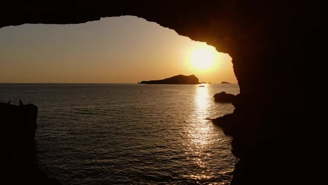 Sunset in Sa Figuera Borda Cave Ibiza with drone
