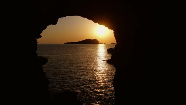 Sunset in Sa Figuera Borda Cave Ibiza with drone