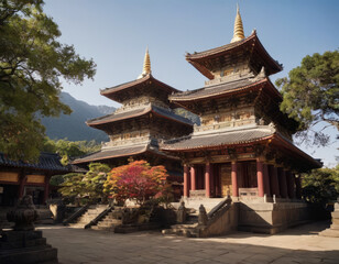 Un monastero tibetano immerso nel silenzio della notte, illuminato dalla luna.
