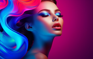 Obraz premium Woman face concept poster. Beautiful girl face creative abstract banner. Graphic design photorealistic style. Style of realistic glamour fashion photography. Digital illustration. AI artwork. 