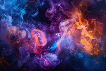 Colorful smoke dances and swirls. Forming mesmerizing abstract shapes against a deep black background. Blending vibrant hues of purple. Blue. Orange. Red. And pink in a dynamic and fluid movement