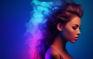 Naklejka premium Woman face concept poster. Beautiful girl face creative abstract banner. Graphic design photorealistic style. Style of realistic glamour fashion photography. Digital illustration. AI artwork. 