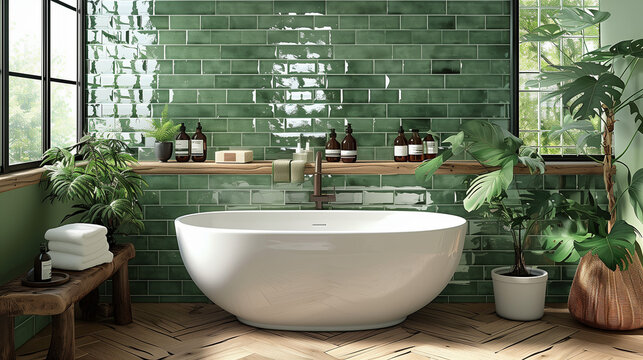 Green Bathroom Interior. Bath Tub (Bathtub) Design. Wall is Ceramic Metro Style Tile Zellige. Contemporary Spa Atmosphere 