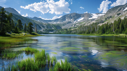 Fototapeta premium Nature Photography. Mountain Landscape with Lake. Sky is Blue and Summer Time