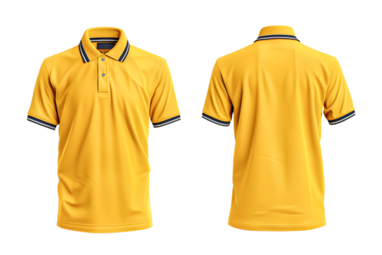 Yellow polo shirt front and back view. Collared short-sleeve top with black and white striped accents. Ideal for casual or uniform wear. isolated on transparency background, PNG cut out