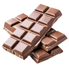 Close-up of delicious chocolate bars stacked together, showcasing rich and creamy texture isolated on transparency background, PNG cut out. Perfect for dessert and confectionery themes.