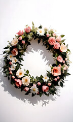 A delicate floral wreath with pink and white flowers and green foliage