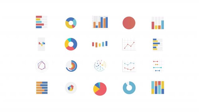 Animated statistical graphs. Data organization plots animation library. Bar charts, pie diagrams. Colorful illustrations on white background. HD video with alpha channel. Motion graphic