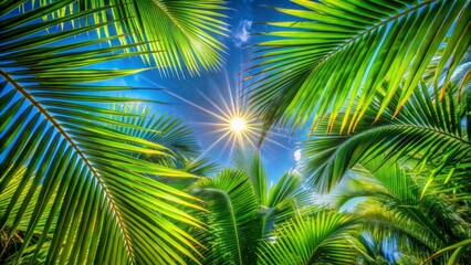 Obraz premium Vibrant sun rays filter through lush green palm fronds against a brilliant blue sky, creating a stunning natural pattern of light and shadow.