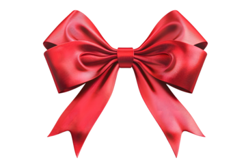 Elegant red satin ribbon bow  isolated on transparency background, PNG cut out, perfect for gift wrapping and festive decorations.