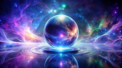 Vibrant, luminescent crystal orb glows with an ethereal aura, suspended against a mysterious, swirling backdrop of indigo and purple hues, exuding mystique and enchantment.