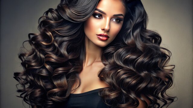 Luxurious black wavy locks cascade down a subtle, shoulder-less background, showcasing an exquisite, curly hairstyle with radiant, healthy-looking tresses.