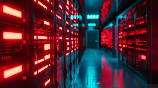 Server room with rows of server racks illuminated by red alert lights, indicating a critical issue. The high-tech environment is bathed in intense red and blue lighting, urgency and crisis management - Powered by Adobe