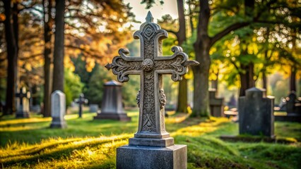 Weathered grey granite grave marker adorned with an ornate silver cross, standing solemnly amidst a serene yet melancholic cemetery landscape.
