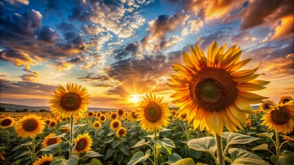 Obraz premium Vibrant golden sunflowers stretching towards the sky, swaying gently in the breeze, under a warm sunset with soft, feathery clouds and a serene landscape.