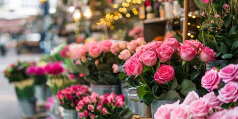 Flower shop on the street with beautiful roses on the counter