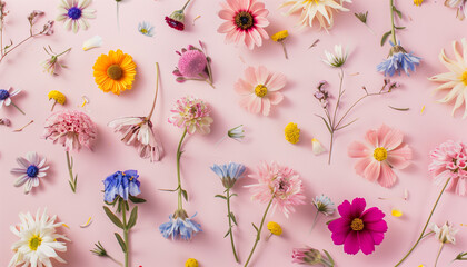 Scattered pressed colorful flowers on pink background 