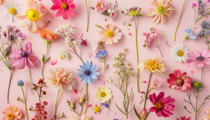 Scattered pressed colorful flowers on pink background 