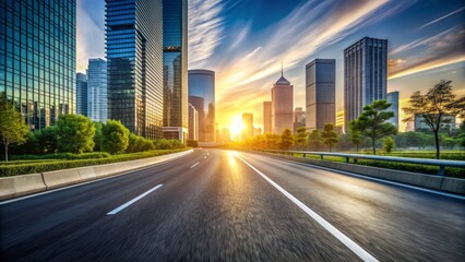 Obraz premium Sunrise-lit empty asphalt road stretches through serene urban landscape, lined with city buildings, with subtle blur effect, conveying dynamic motion, endurance, and urban athleticism.