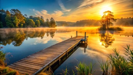 Fototapeta premium Serene morning scene featuring a tranquil lake, wooden pier, and misty surroundings, bathed in warm golden light of a peaceful sunrise.