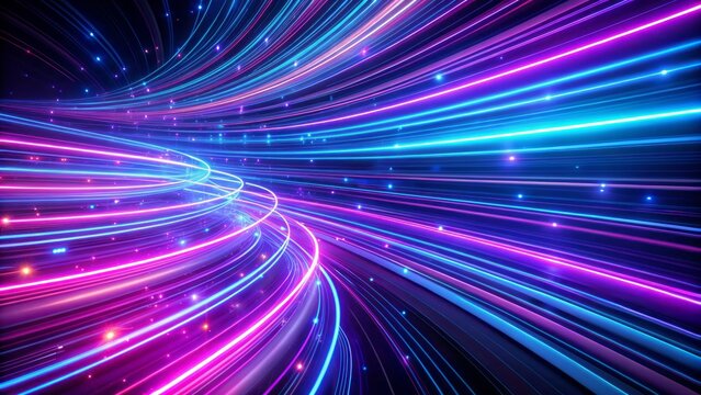 Vibrant purple and blue neon lines streak across the frame, weaving a dynamic pattern of speed and energy, evoking the concept of high-speed data transfer.