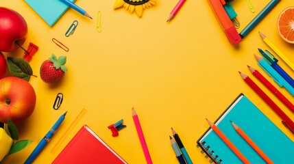 A yellow background with a green backpack and a bunch of school supplies