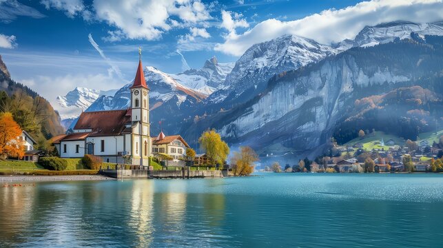 Panoramic view of the city of Brienz on Lake Brienz, Switzerland. An old fishing town with a beautiful church and snow-capped Alpine mountains in the background.