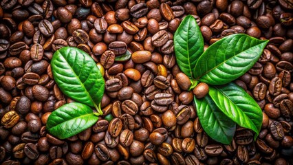 Richly textured earthy background featuring a scattering of roasted coffee beans surrounded by vibrant green leaves, showcasing nature's perfect blend of flavors and aromas.