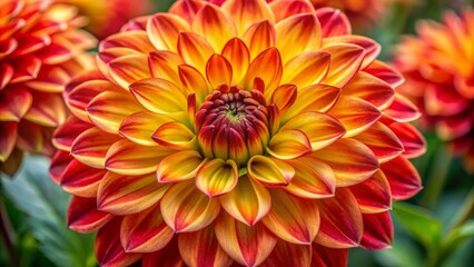 Vibrant red and yellow dahlia blooms in mesmerizing time-lapse, rotating top view, showcasing intricate details of growing and opening flower petals, a stunning natural wonder.