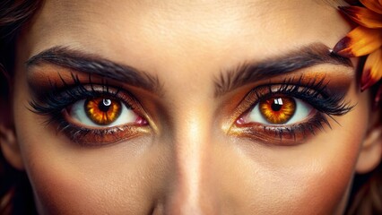 Naklejka premium Vibrant close-up of a captivating brown iris, with pronounced eyelashes, surrounded by natural makeup, gazing directly at the camera with confidence and intensity.