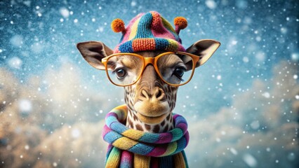 Adorable giraffe donning stylish glasses, colorful scarf, and knitted hat poses cutely on a snowy winter background, exhibiting playful charm and whimsy.
