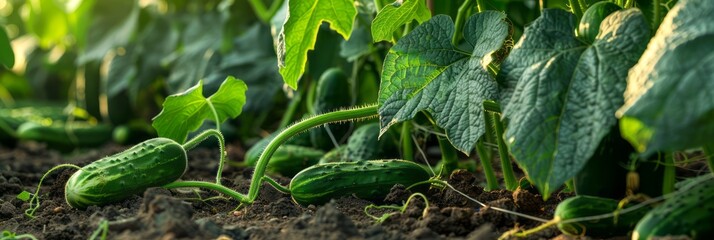 Cucumbers thrive on the plantation, their vibrant green leaves and plump fruits flourishing in the rich soil, ready for a refreshing and nutritious harvest, banner