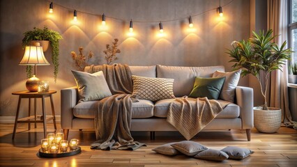 Cozy living room interior with a comfortable sofa covered in a soft blanket, pillows, and dimmed lighting, evoking a sense of warmth and intimacy.