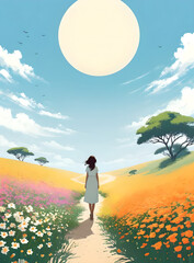 Fototapeta premium A girl stands amidst a field of orange flowers, gazing at the expansive blue sky with scattered clouds and airplane contrails. The narrow path leads toward the distant horizon.