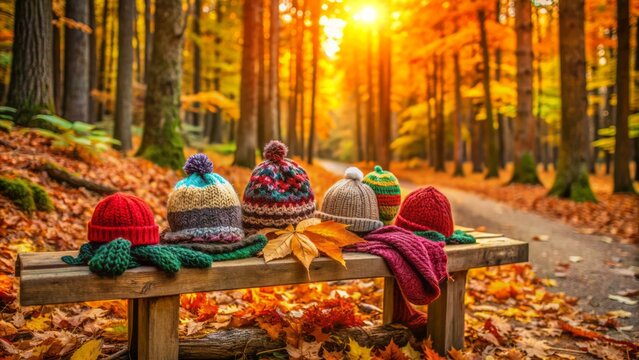 Vibrant autumn forest scene with woolen hats and scarves abandoned on a wooden bench, surrounded by fallen leaves and towering evergreen trees.