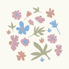 Abstract flower posters set. Trendy botanical wall arts with floral design in earth tone colors. Modern naive groovy funky interior decorations, paintings. Vector art illustration.