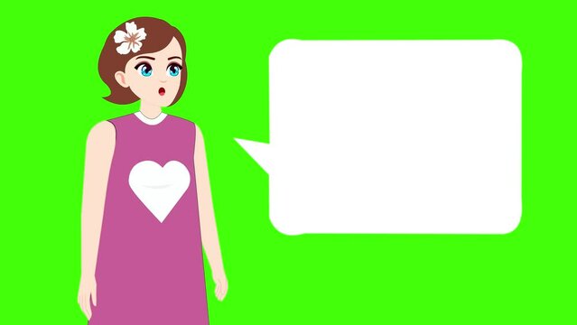 lip syncing Facial Animation for narration. female character speaking, speech bubble, copy space for text. animated footage 2d flat style. talking mouth, lips expressions, articulation.