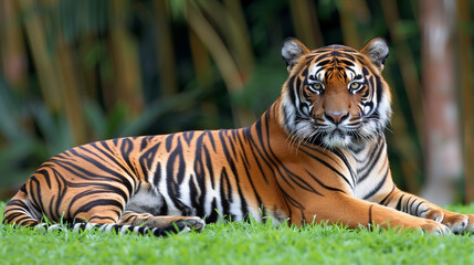 Malayan Tiger Lay on Grass in Zoo