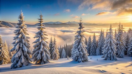 Serene winter landscape featuring frost-covered evergreen trees standing tall amidst a blanket of fresh powdery snow, surrounded by misty fog in the distant mountains.