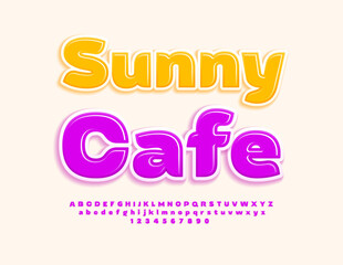 Vector summer banner Sunny Cafe. Bright Creative Font. Stylish Glossy Alphabet Letters and Numbers set.