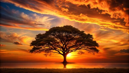 Serene landscape featuring a majestic tree's silhouette against a warm orange sunset, evoking feelings of tranquility, harmony, and balance with nature.