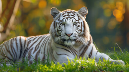 Obraz premium White Bengal Tiger Lay on Grass in Zoo Nature