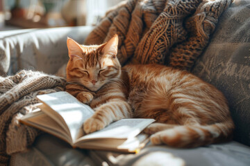 cat reads a book on the sofa in the living room
