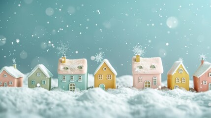 winter village illustration, winter doodle art showcasing pastel-colored homes covered in a layer of snow, creating a serene and minimalist scene