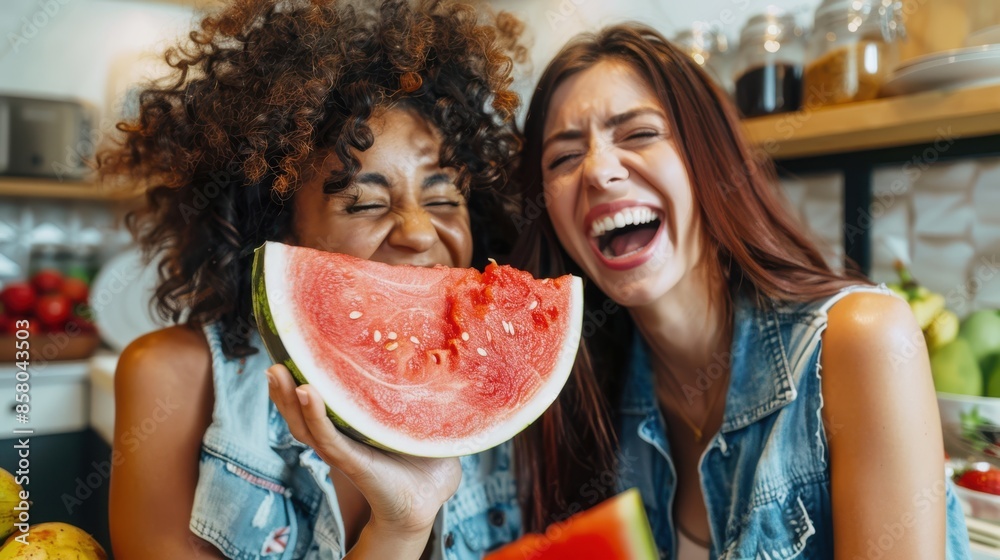 Poster the friends with watermelon.