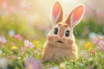 Cute fluffy cartoon rabbit with big eyes