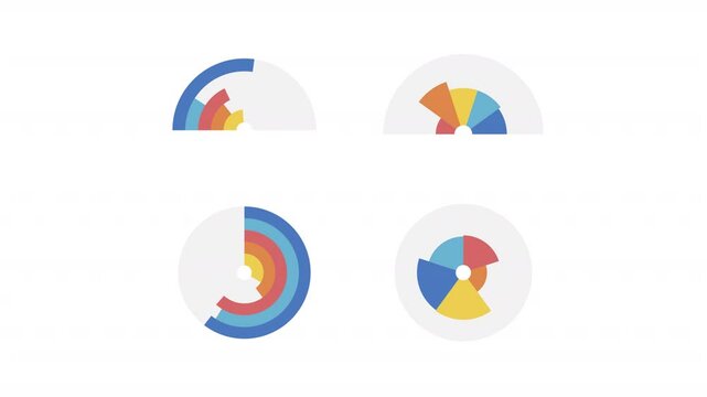 Animated arch infographic charts. Semicircle graps animation library. Moving circular diagrams. Colorful illustrations on white background. HD video with alpha channel. Motion graphic